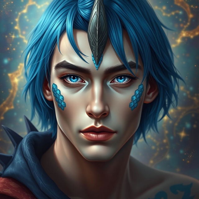 A captivating male human with Caucasian skin, showcasing medium length blue hair that frames his face