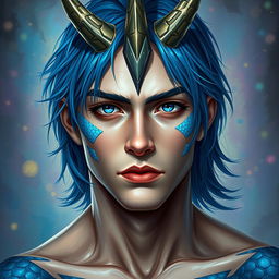 A captivating male human with Caucasian skin, showcasing medium length blue hair that frames his face