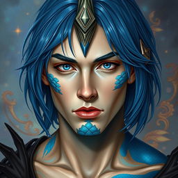 A captivating male human with Caucasian skin, showcasing medium length blue hair that frames his face