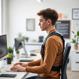 A worker wearing an ergonomic digital harness designed to improve posture and enhance productivity