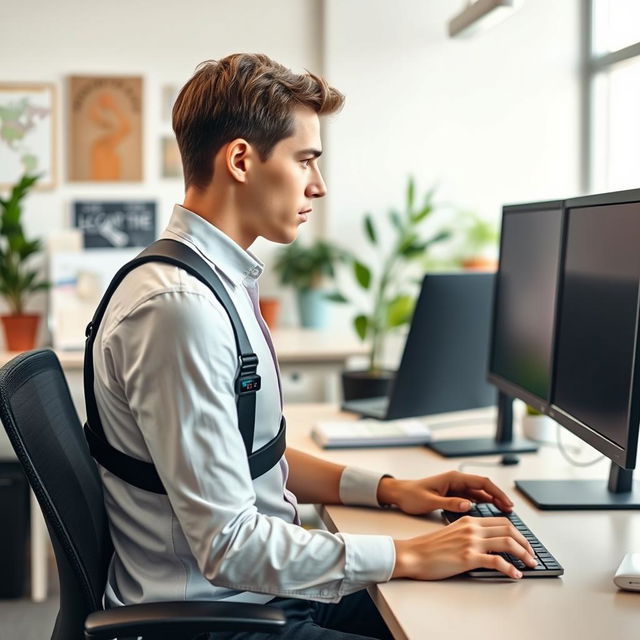 A worker wearing an ergonomic digital harness designed to improve posture and enhance productivity