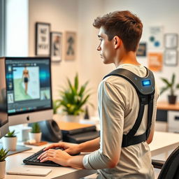 A worker wearing an ergonomic digital harness designed to improve posture and enhance productivity