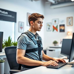 A worker wearing an ergonomic digital harness designed to improve posture and enhance productivity
