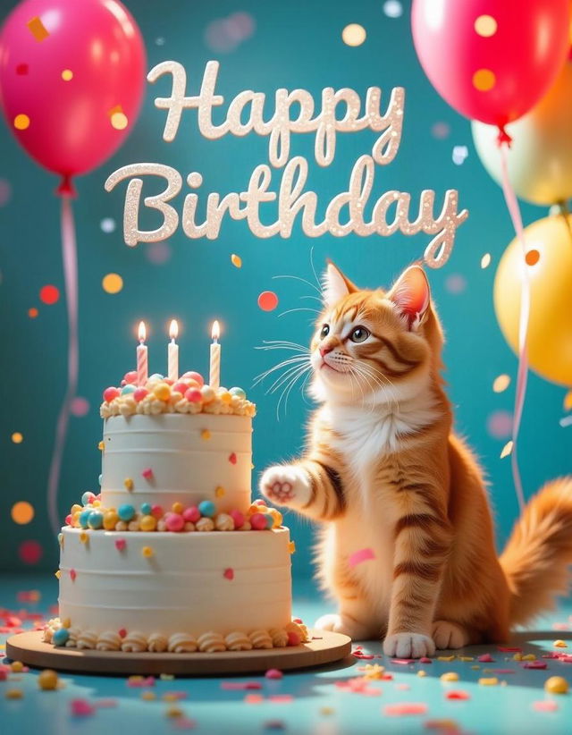 A cute ginger cat reaching towards a birthday cake with three lit candles on a table