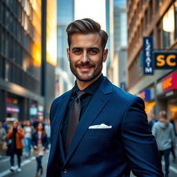 A handsome man with a confident expression, wearing a tailored navy blue suit, walking down a bustling city street during the golden hour