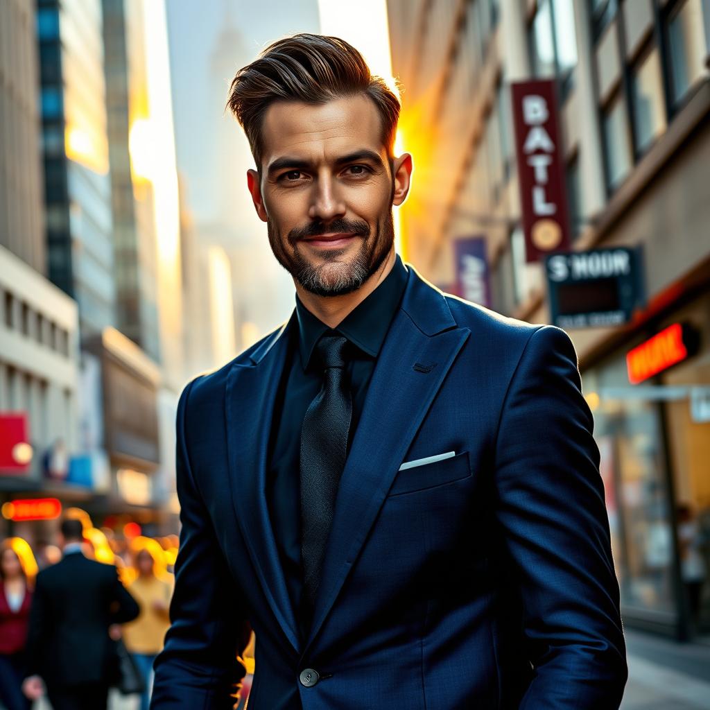 A handsome man with a confident expression, wearing a tailored navy blue suit, walking down a bustling city street during the golden hour