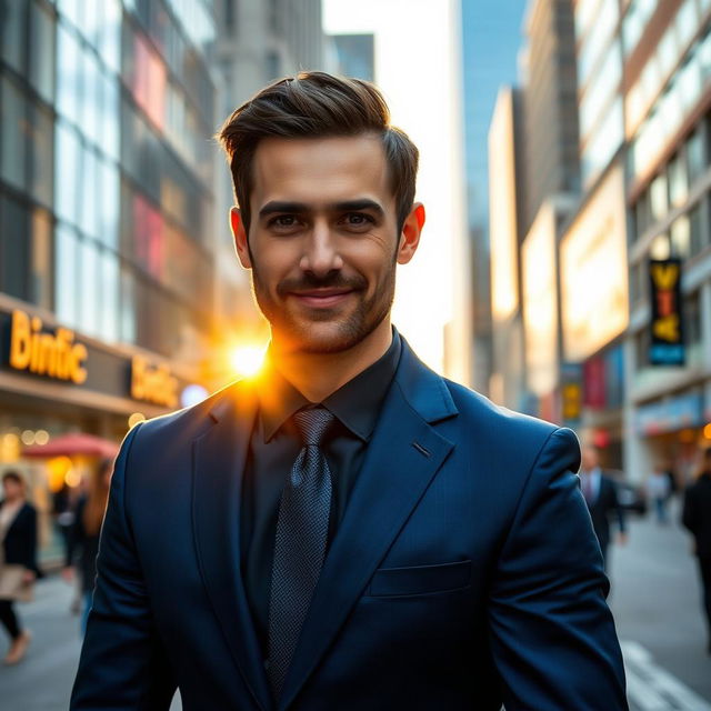 A handsome man with a confident expression, wearing a tailored navy blue suit, walking down a bustling city street during the golden hour