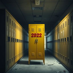 A striking image of a yellow locker situated in an abandoned school hallway, surrounded by rows of worn-out lockers in various muted colors, evoking a sense of nostalgia and decay