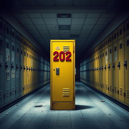 A striking image of a yellow locker situated in an abandoned school hallway, surrounded by rows of worn-out lockers in various muted colors, evoking a sense of nostalgia and decay