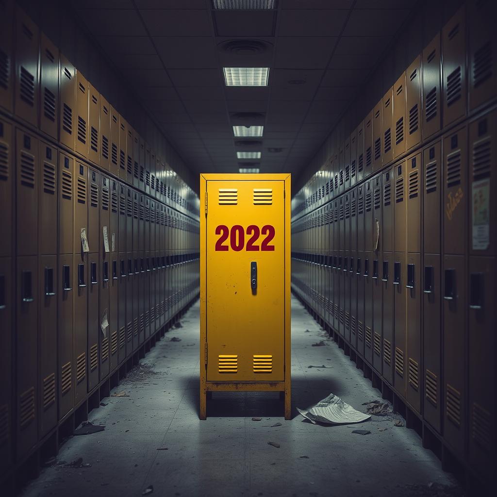 A striking image of a yellow locker situated in an abandoned school hallway, surrounded by rows of worn-out lockers in various muted colors, evoking a sense of nostalgia and decay