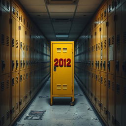 A striking image of a yellow locker situated in an abandoned school hallway, surrounded by rows of worn-out lockers in various muted colors, evoking a sense of nostalgia and decay