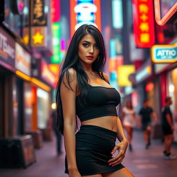 A young woman with long black hair, wearing a very short black skirt and a form-fitting black crop top