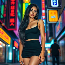 A young woman with long black hair, wearing a very short black skirt and a form-fitting black crop top