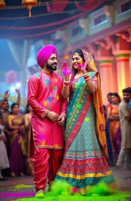 A romantic scene depicting a couple celebrating Holi, the festival of colors in Indian culture