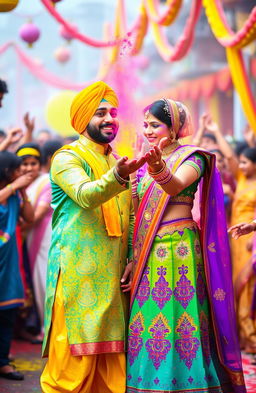 A romantic scene depicting a couple celebrating Holi, the festival of colors in Indian culture