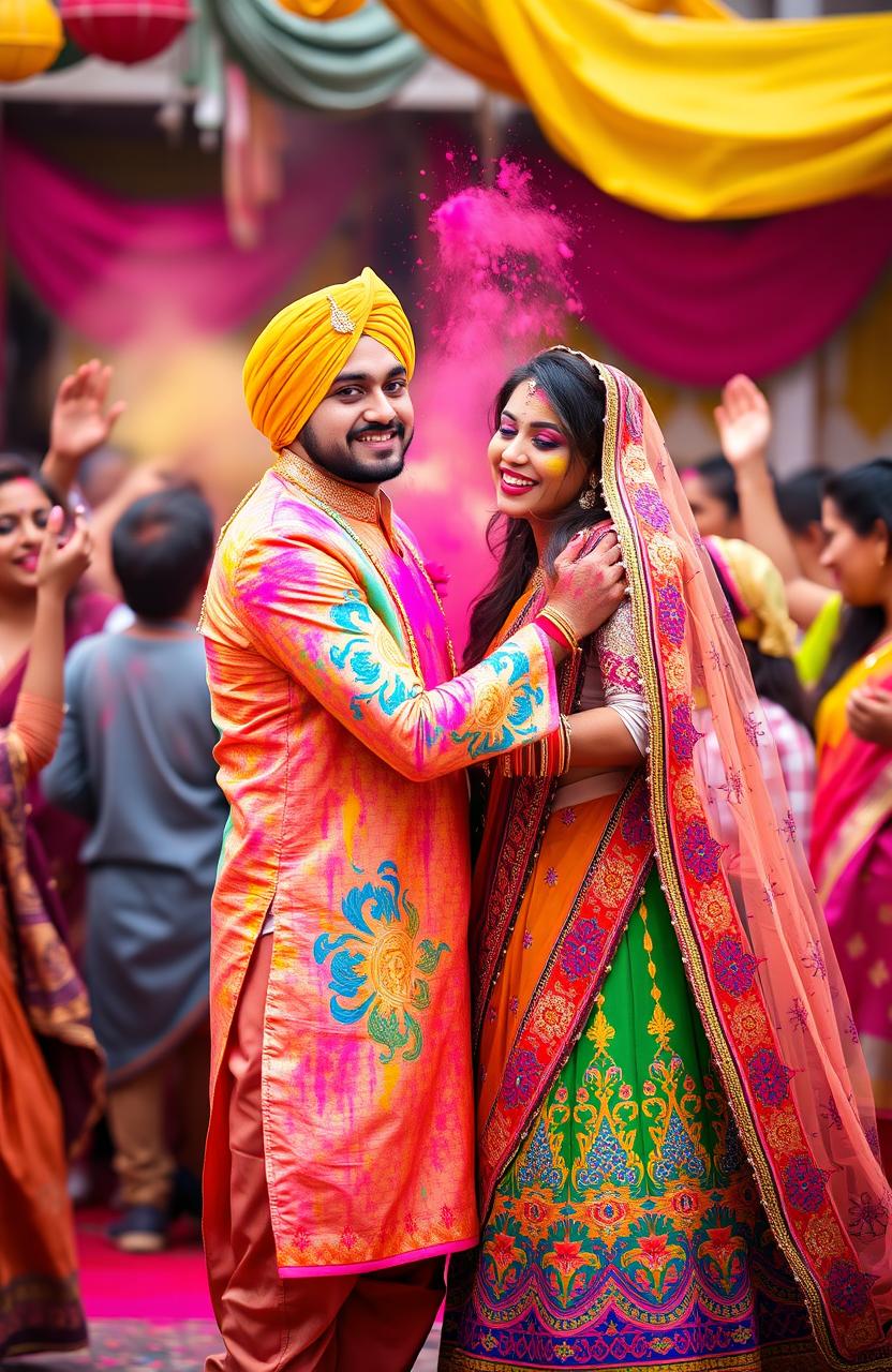 A romantic scene depicting a couple celebrating Holi, the festival of colors in Indian culture