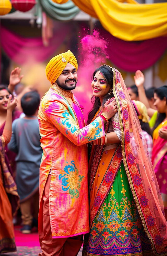 A romantic scene depicting a couple celebrating Holi, the festival of colors in Indian culture