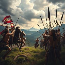 An intense battle scene showcasing a clash between Spanish soldiers armed with guns and horses, and Indigenous warriors wielding traditional spears