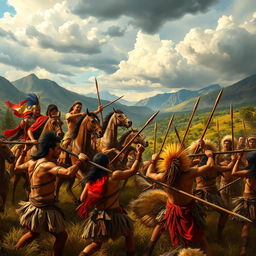 An intense battle scene showcasing a clash between Spanish soldiers armed with guns and horses, and Indigenous warriors wielding traditional spears