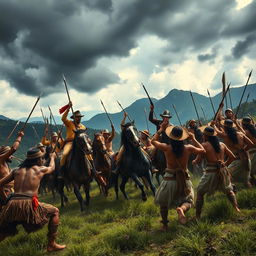 An intense battle scene showcasing a clash between Spanish soldiers armed with guns and horses, and Indigenous warriors wielding traditional spears