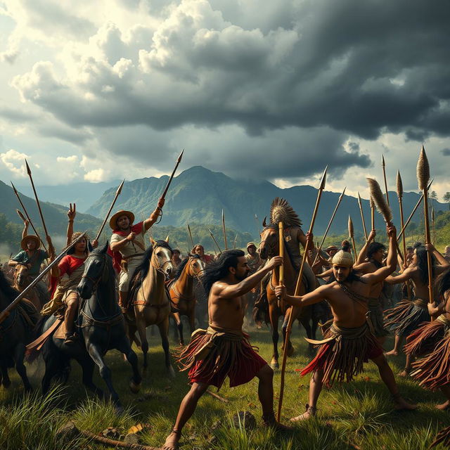 An intense battle scene showcasing a clash between Spanish soldiers armed with guns and horses, and Indigenous warriors wielding traditional spears