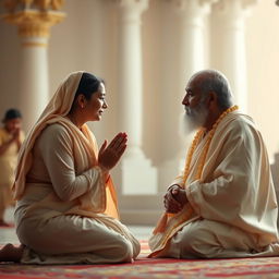 A poignant scene depicting a mother kneeling before Sai Baba, her eyes filled with tears, as she holds her hands in a prayerful gesture