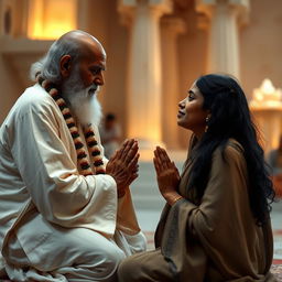 A poignant scene depicting a mother kneeling before Sai Baba, her eyes filled with tears, as she holds her hands in a prayerful gesture