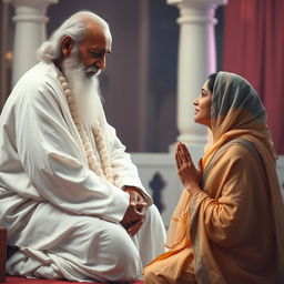 A poignant scene depicting a mother kneeling before Sai Baba, her eyes filled with tears, as she holds her hands in a prayerful gesture