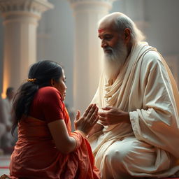 A poignant scene depicting a mother kneeling before Sai Baba, her eyes filled with tears, as she holds her hands in a prayerful gesture