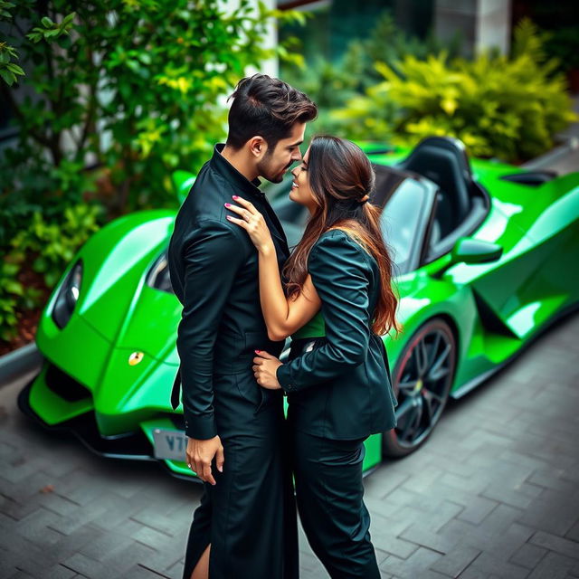 A captivating scene featuring two lovers gazing deeply into each other's eyes, set against the backdrop of a sleek green racecar