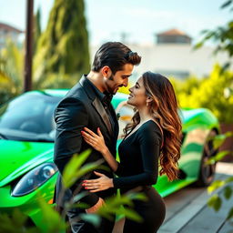 A captivating scene featuring two lovers gazing deeply into each other's eyes, set against the backdrop of a sleek green racecar
