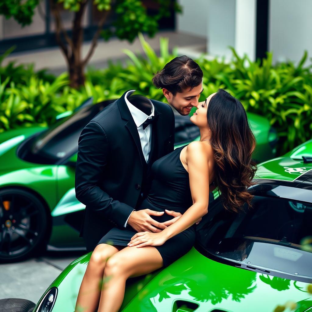 A captivating scene featuring two lovers gazing deeply into each other's eyes, set against the backdrop of a sleek green racecar