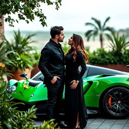 A captivating scene featuring two lovers gazing deeply into each other's eyes, set against the backdrop of a sleek green racecar