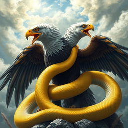 A large yellow and blue snake is wrapped around a majestic double-headed eagle, showcasing the intricate details of the snake's scales and the eagle's feathers