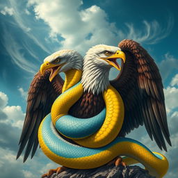 A large yellow and blue snake is wrapped around a majestic double-headed eagle, showcasing the intricate details of the snake's scales and the eagle's feathers