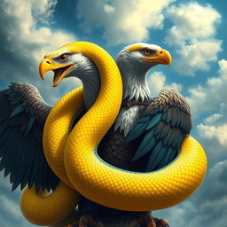 A large yellow and blue snake is wrapped around a majestic double-headed eagle, showcasing the intricate details of the snake's scales and the eagle's feathers