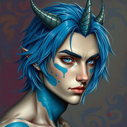 A striking male human with Caucasian skin, featuring medium length blue hair that cascades elegantly