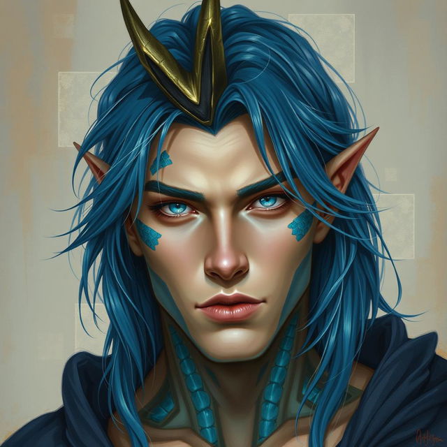 A striking male human with Caucasian skin, featuring medium length blue hair that cascades elegantly