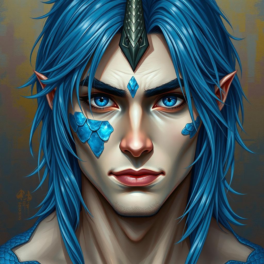 A striking male human with Caucasian skin, featuring medium length blue hair that cascades elegantly