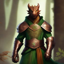 A high-quality digital art piece, rendered in a realistic style, presents a young copper dragonborn