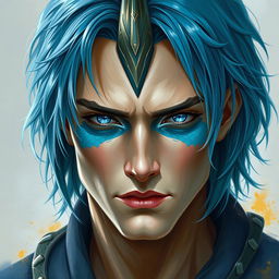 A striking male human with Caucasian skin, featuring medium length blue hair that cascades elegantly
