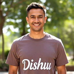 A portrait of a man wearing a t-shirt with the word 'Dishu' prominently displayed on the front
