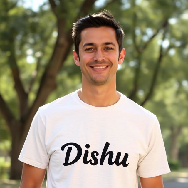 A portrait of a man wearing a t-shirt with the word 'Dishu' prominently displayed on the front