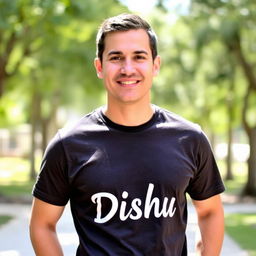 A portrait of a man wearing a t-shirt with the word 'Dishu' prominently displayed on the front