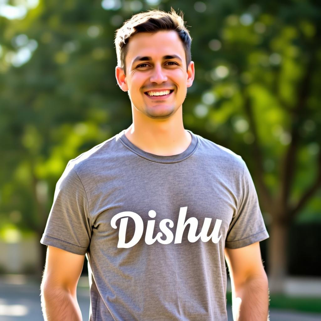 A portrait of a man wearing a t-shirt with the word 'Dishu' prominently displayed on the front