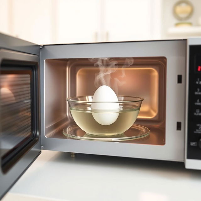 A microwave-safe bowl with an egg submerged in water, displayed inside a microwave with the door slightly open