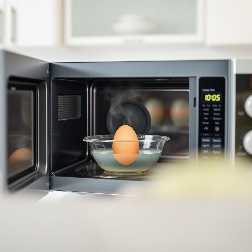 A microwave-safe bowl with an egg submerged in water, displayed inside a microwave with the door slightly open