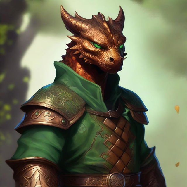 A high-quality digital art piece, rendered in a realistic style, presents a young copper dragonborn