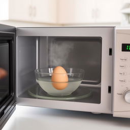 A microwave-safe bowl with an egg submerged in water, displayed inside a microwave with the door slightly open