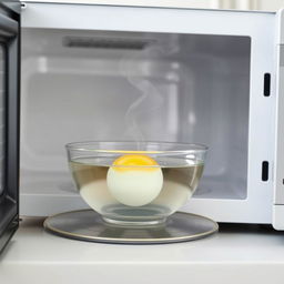 A microwave-safe bowl with an egg submerged in water, displayed inside a microwave with the door slightly open